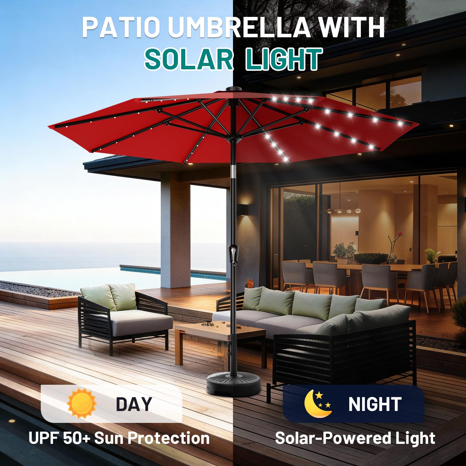 AreShark poolside umbrella providing all-day shade and night ambiance