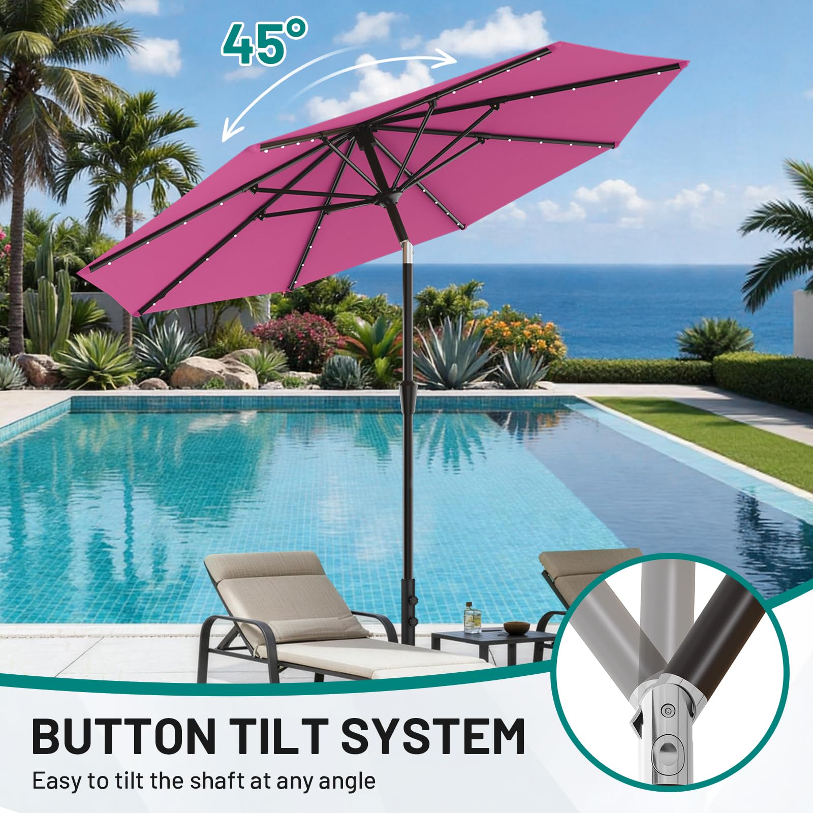 AreShark rose pink solar umbrella brightens decks with ambient performance.