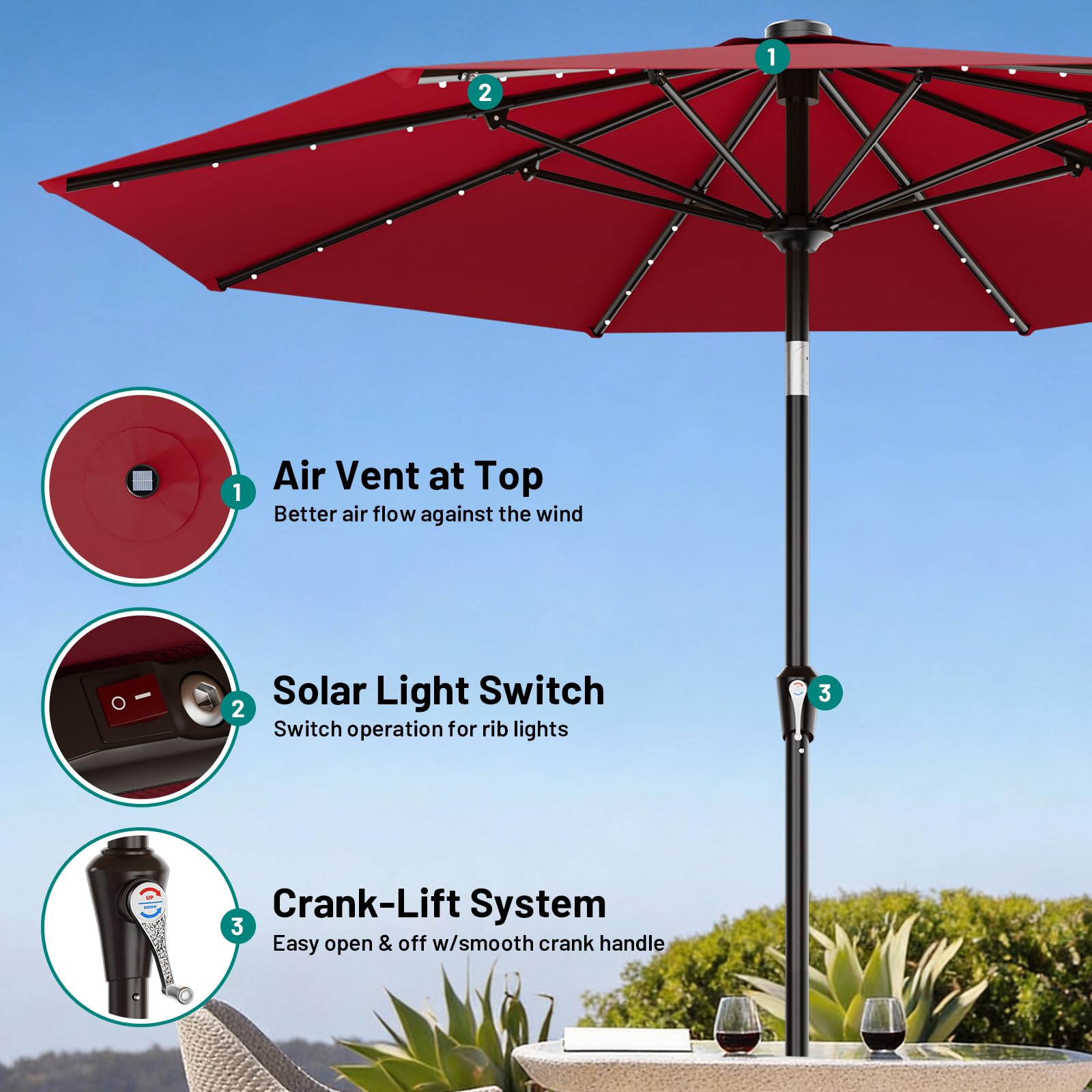 AreShark solar-lit umbrella adds ambient lighting for outdoor dining.