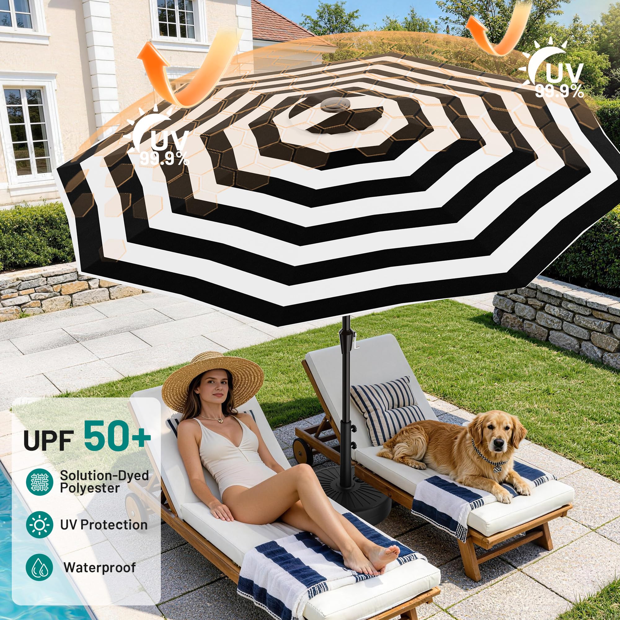 AreShark black and white striped canopy adds stylish shade.