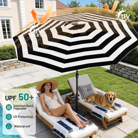 AreShark black and white striped canopy adds stylish shade.
