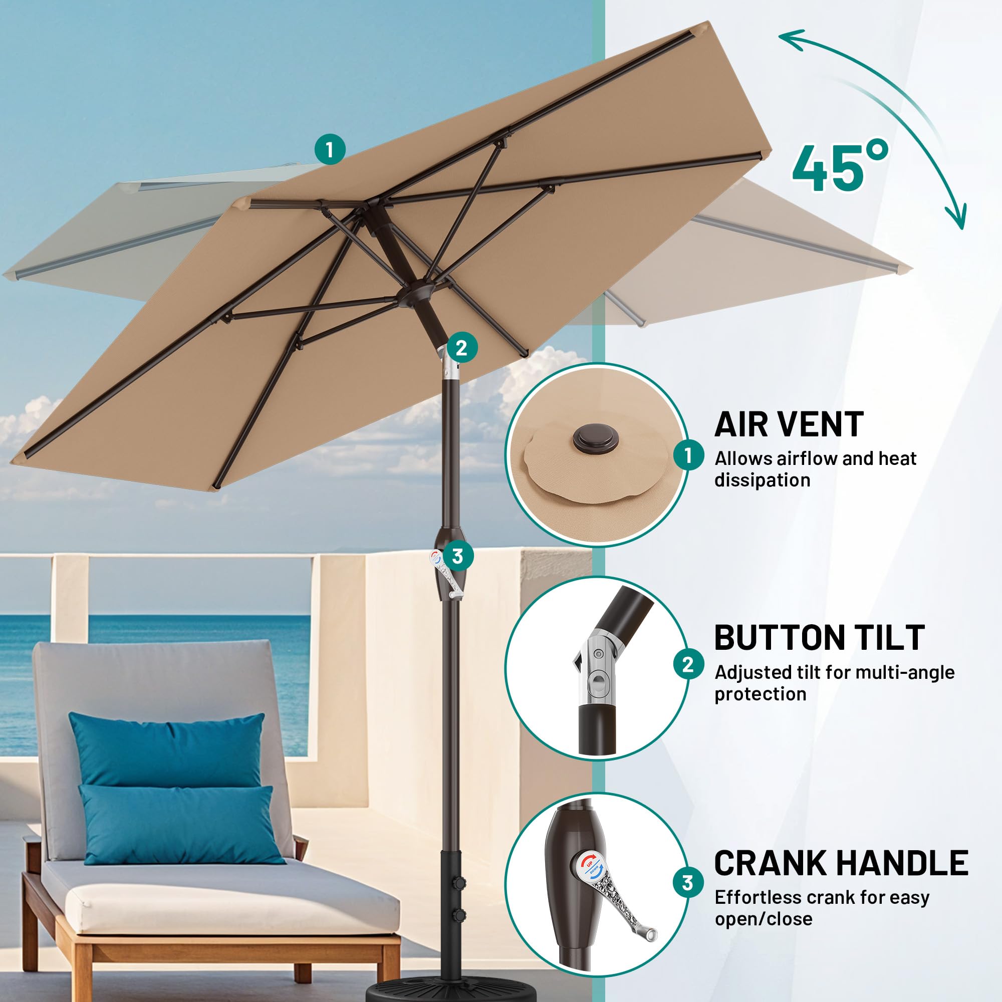 AreShark tilt-button mechanism for precise sun positioning.