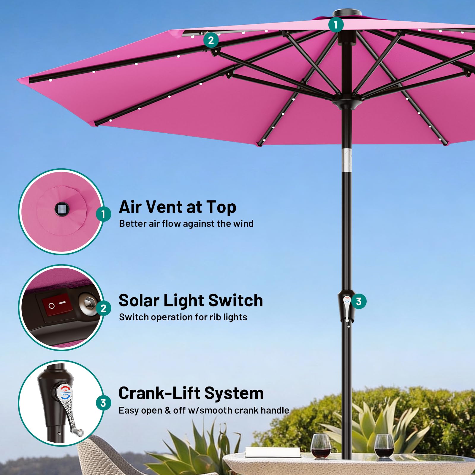 AreShark tilt-crank umbrella enables flexible shading from sun to shade.