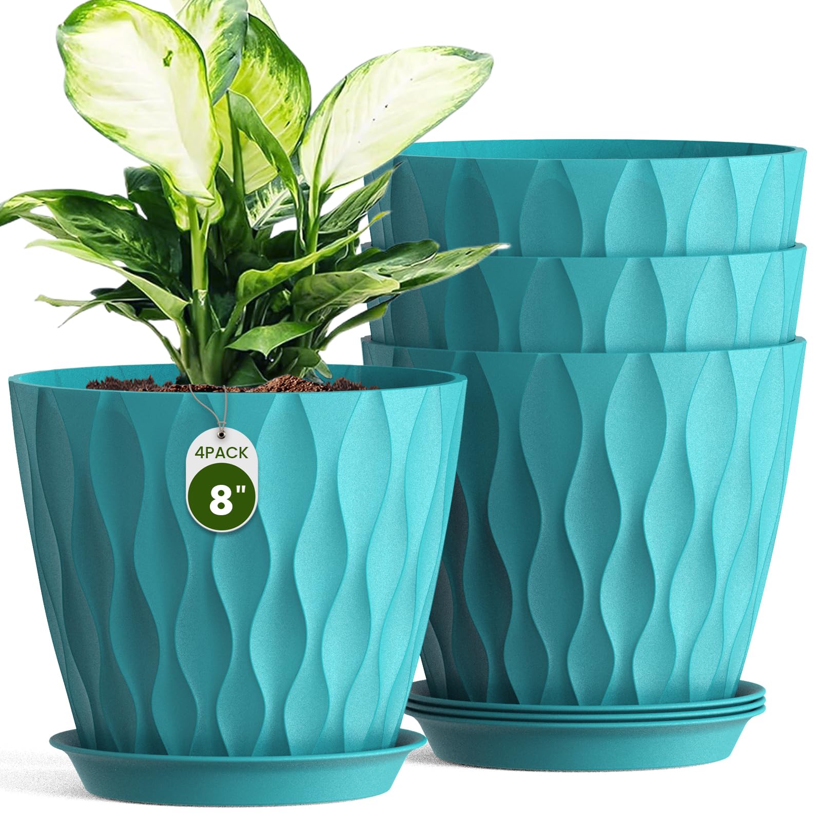 Areutxbis 8-inch blue ripple pot front view, ideal for indoor display.