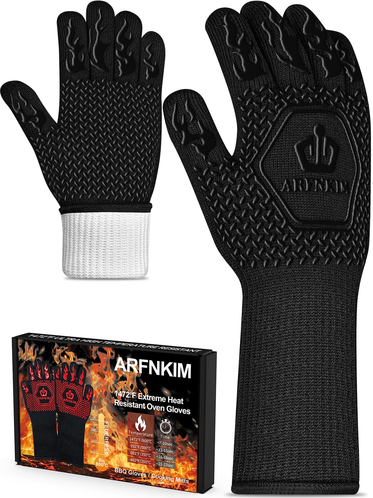 ARFNKIM BBQ oven gloves provide 1472°F heat resistance for safe grilling.