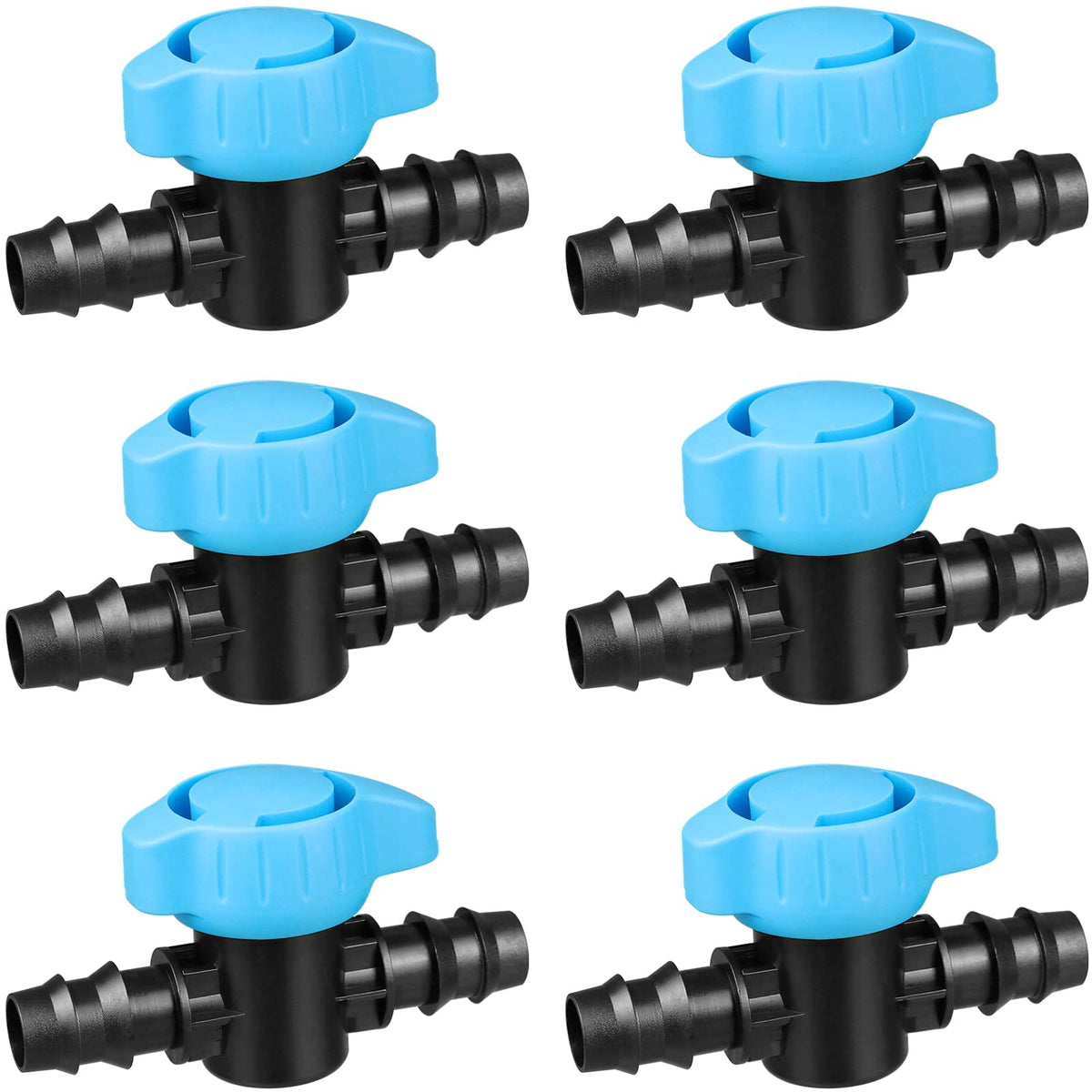 Arfun six-pack drip valves with barbed ends for secure, leak-free connections.