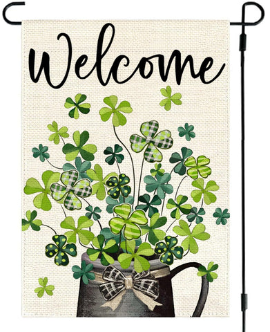 ARGOOFG Shamrock Welcome flag front view shows vibrant, weather-ready yard decor