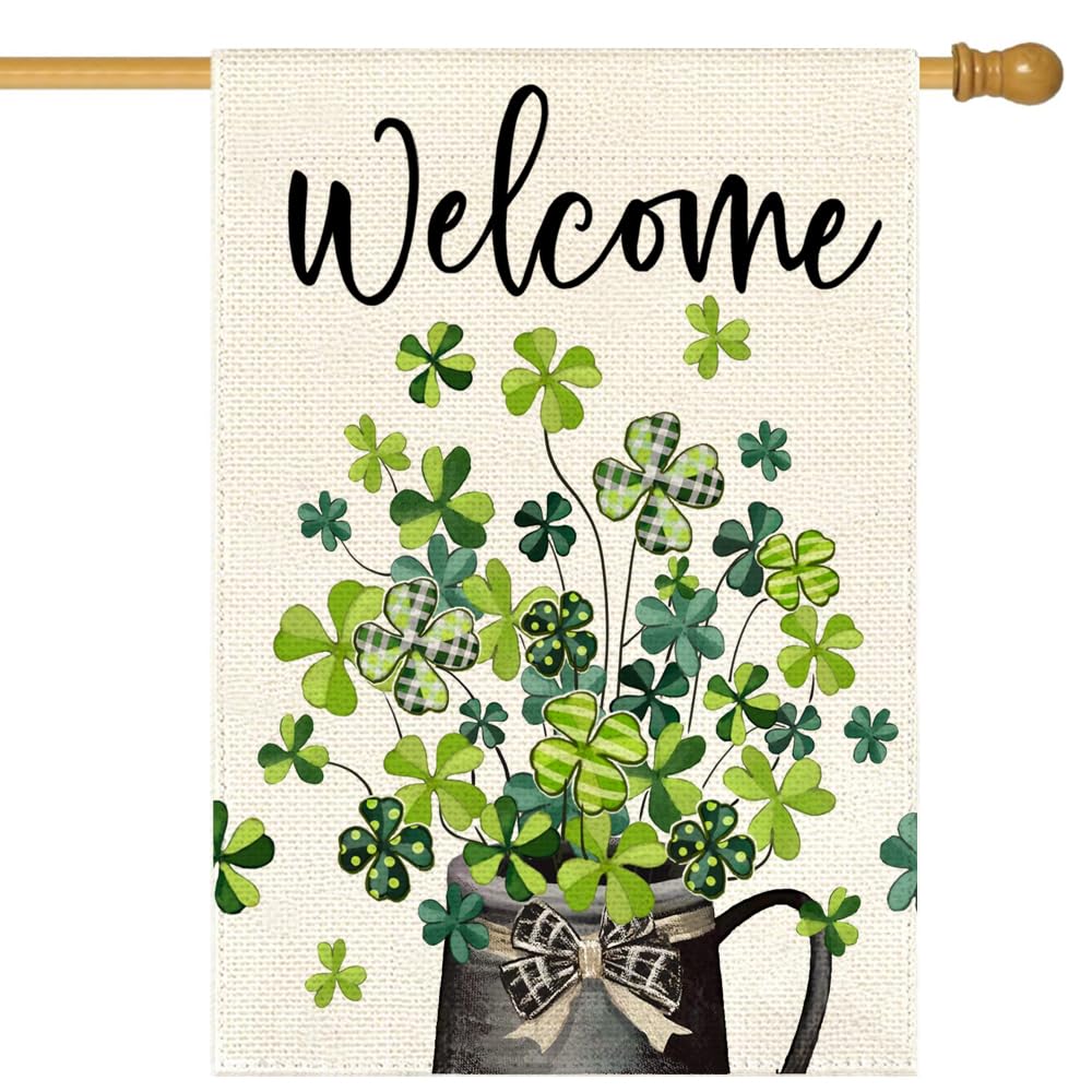 ARGOOFG St Patrick's Day shamrock house flag front view enhances curb appeal.