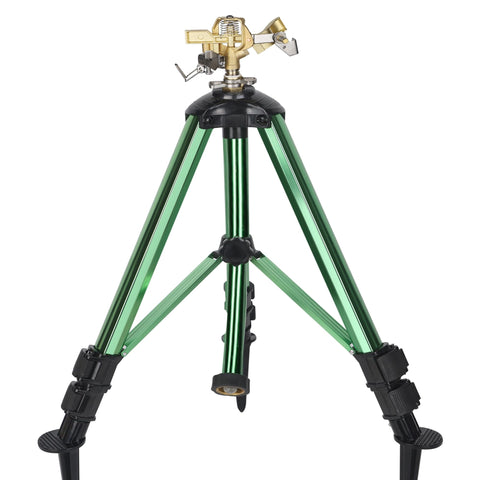 ARICOR impact sprinkler on tripod base delivering stable, wide-area irrigation for large lawns.
