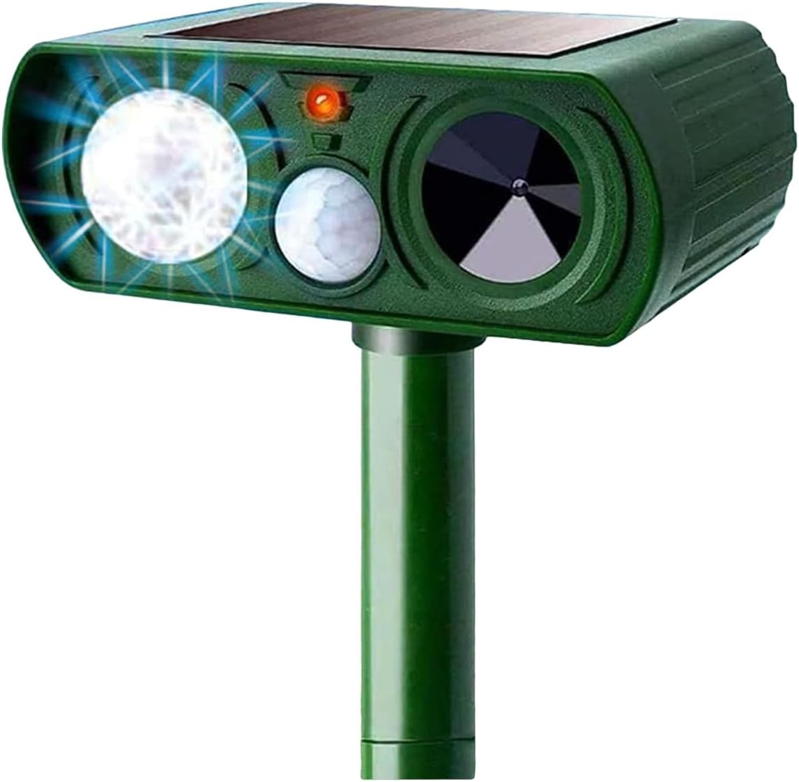 Ariie animal repellent solar ultrasonic device deters pests with motion-activated sound.