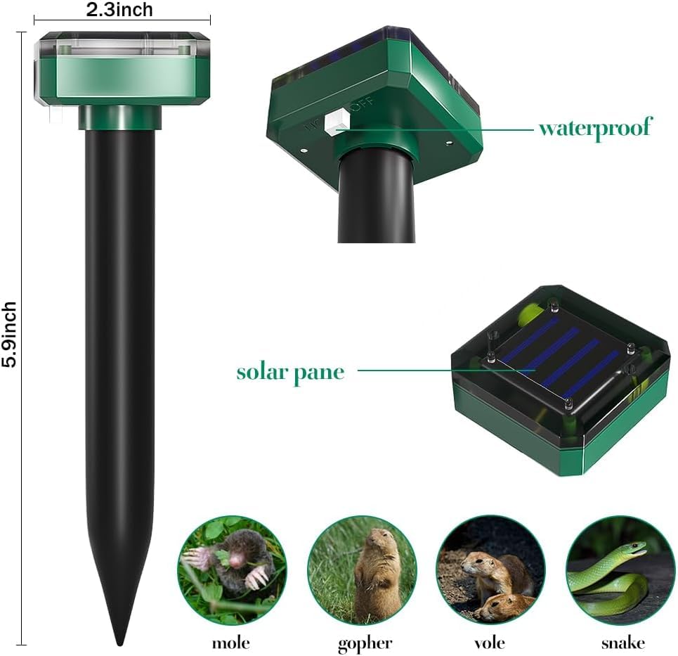 Ariie mole repellent ground stake installation shows easy, tool-free setup.