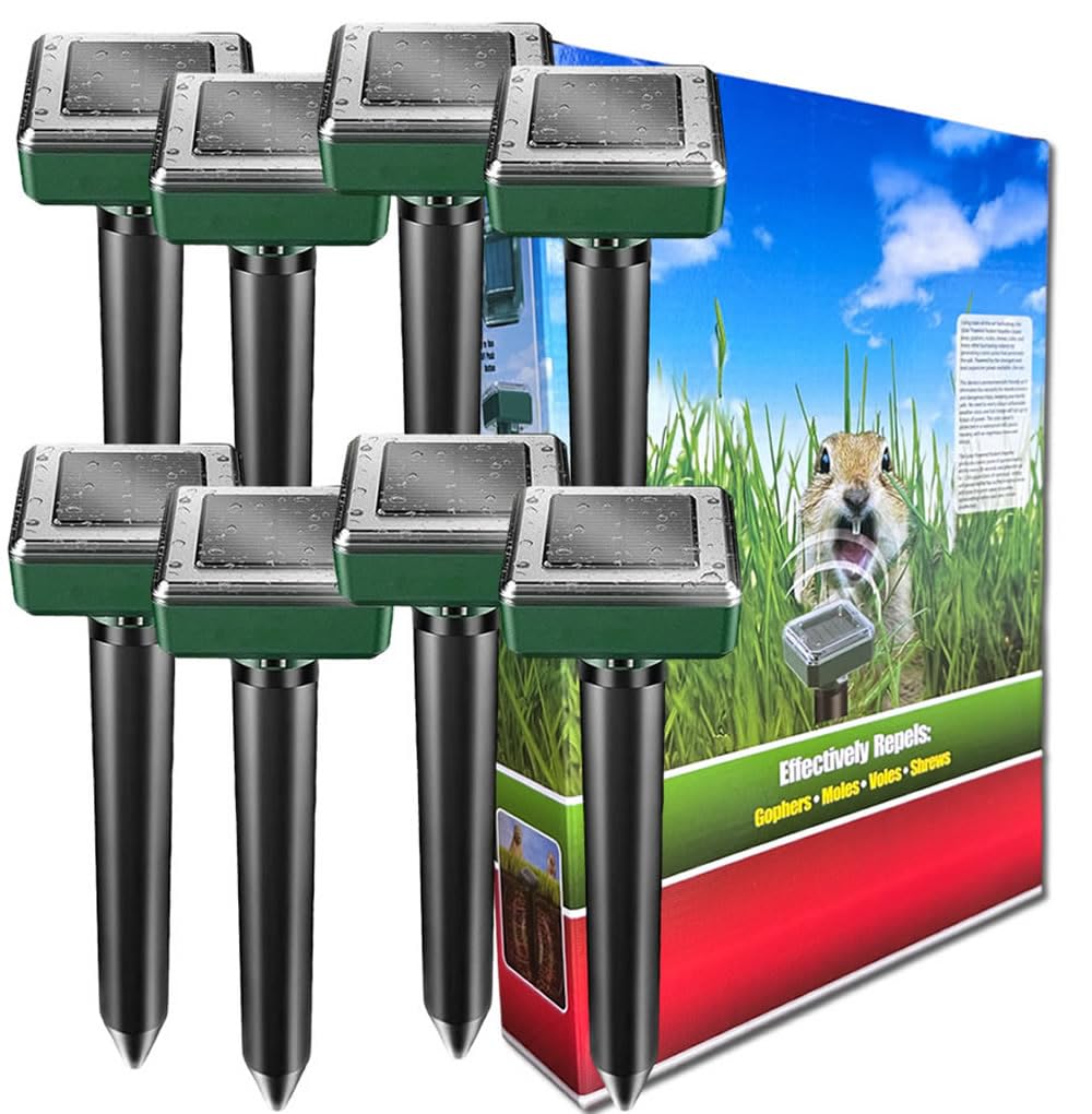 Ariie mole repellent solar unit deters burrowing rodents in lawns.