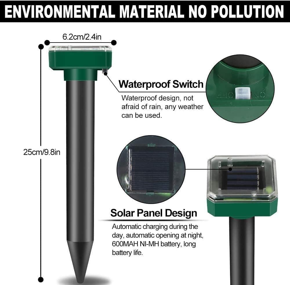 Ariie mole repellent solar unit protects garden beds from gophers and moles.