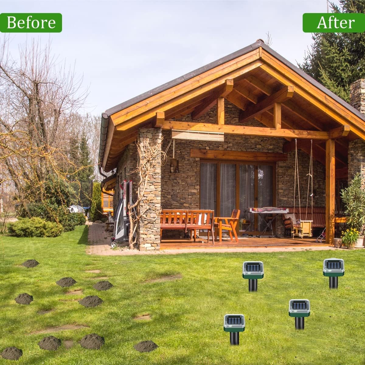 Ariie sun-charged deterrent operates quietly in outdoor spaces.