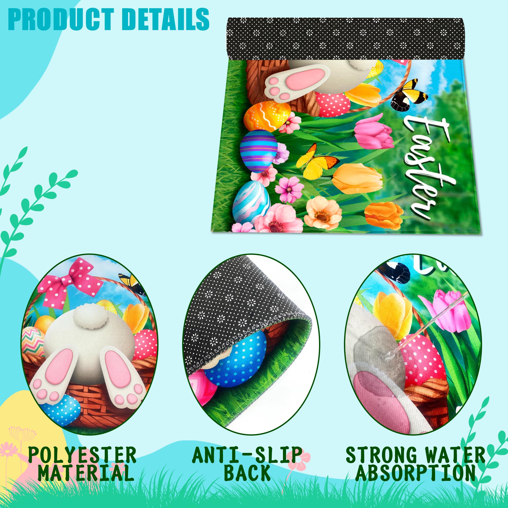 ARKUKT Bunny eggs pattern mat ready to welcome guests at entryways.