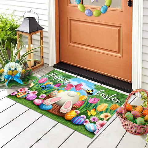 ARKUKT Happy Easter door mat with bunny eggs, non-slip backing for front-door safety.