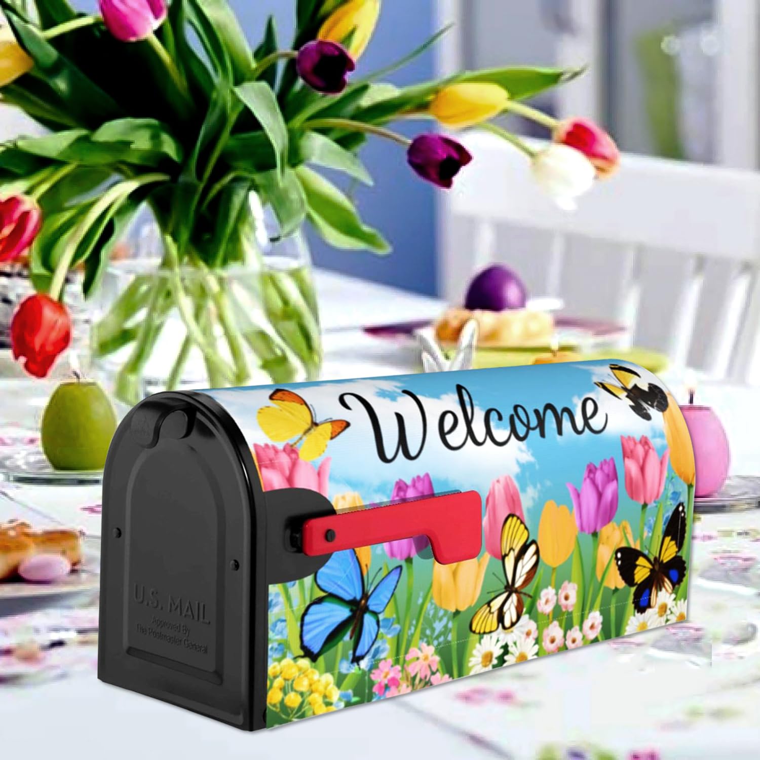 ARKUKT tulips and butterflies mailbox wrap side view adds seasonal charm and easy swapping