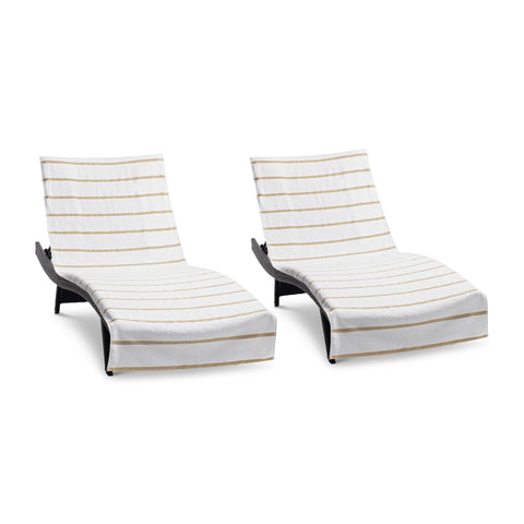 Arkwright Las Rayas chaise lounge cover with pocket showing 8-inch pocket for towels.