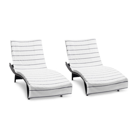 Arkwright Las Rayas striped chaise lounge cover with pocket on pool chair for secure towels.