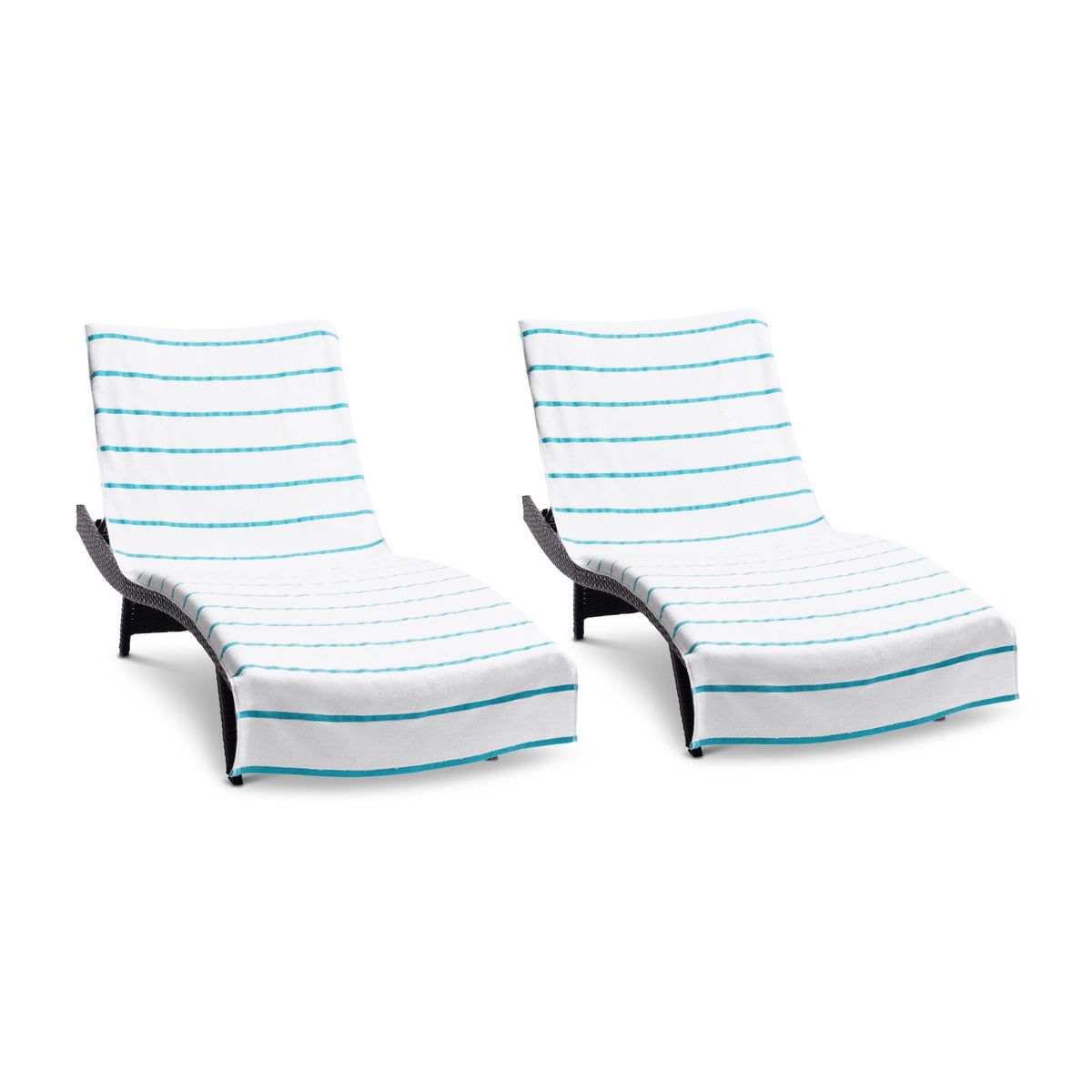 Arkwright striped lounge cover with pocket keeps towels in place on chairs.