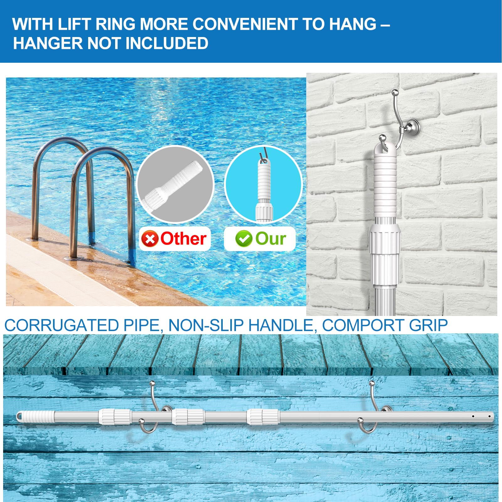 ARLBA four-section telescoping pool pole enables flexible cleaning reach.