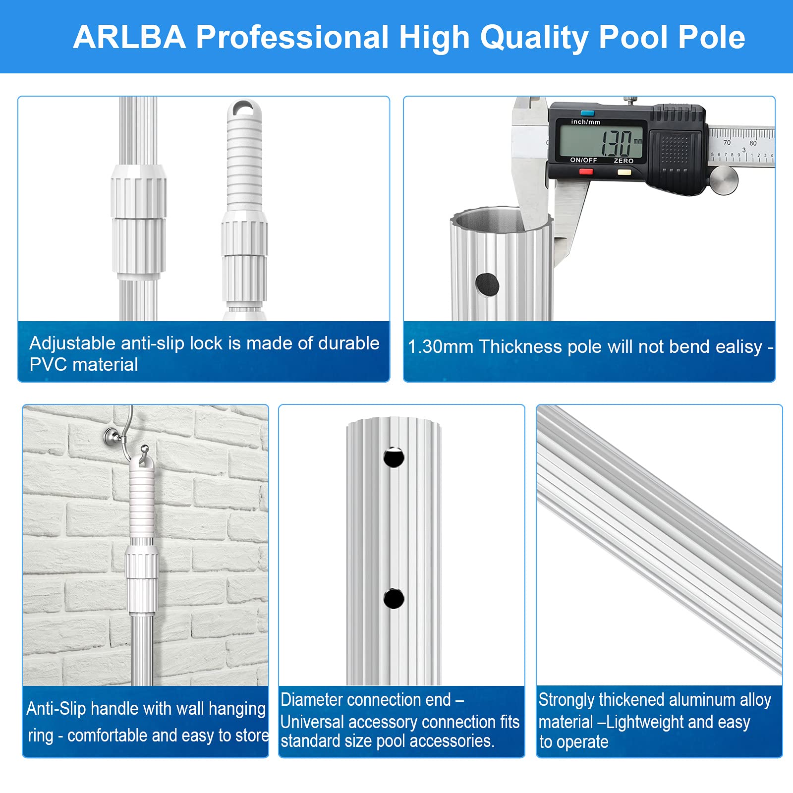 ARLBA 1.30mm thick aluminum construction resists bending for durable pool cleaning.