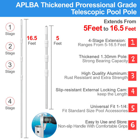 ARLBA pool pole with universal 1-1/4 inch attachment fits most nets.