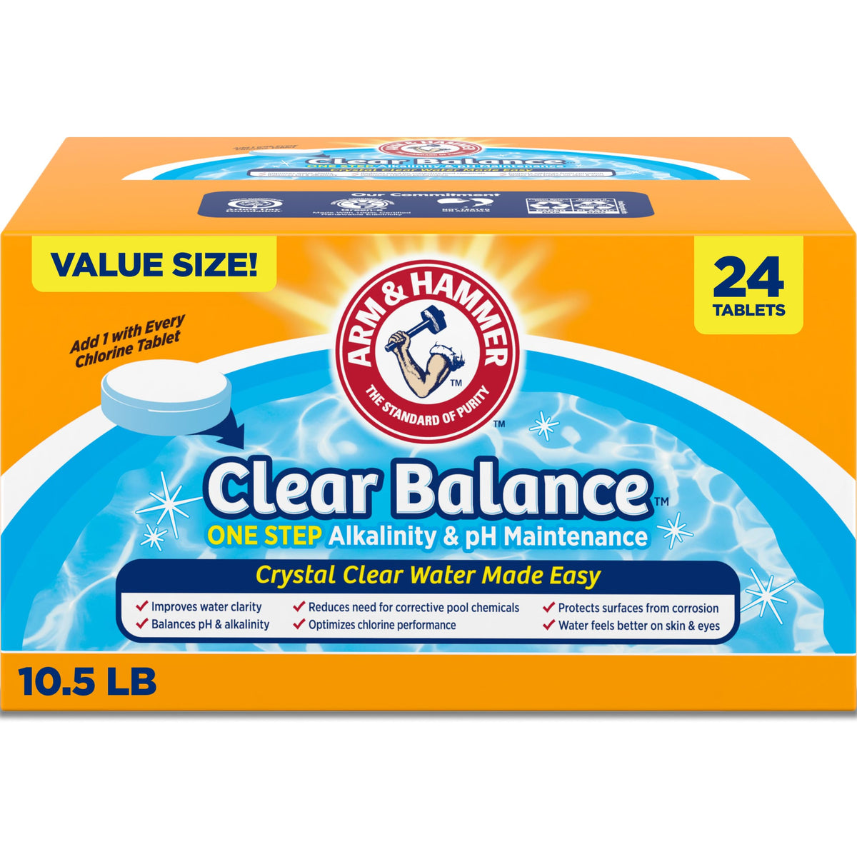 Arm & Hammer Clear Balance tablets in bucket simplify pool maintenance.