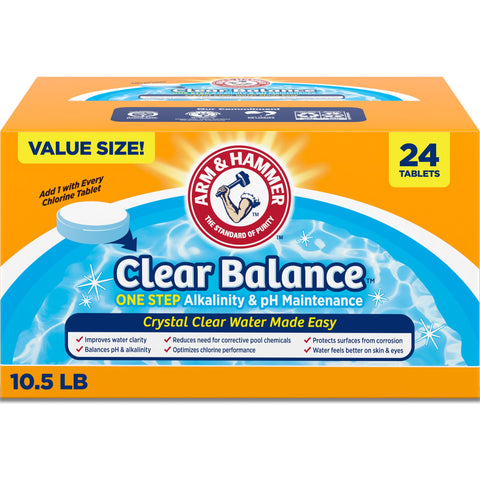 Arm & Hammer Clear Balance tablets in bucket simplify pool maintenance.