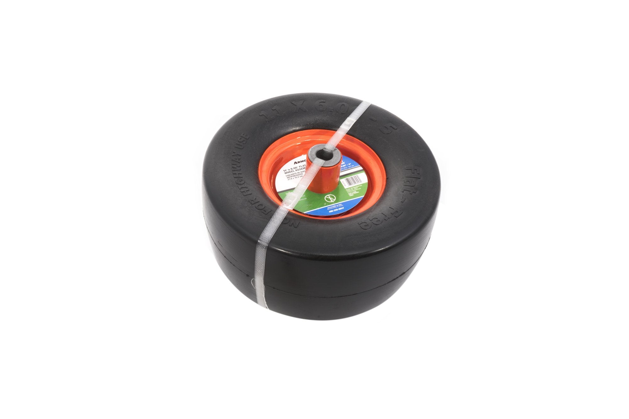 Arnold flat-free lawn mower tire with centered hub for maintenance-free reliability.