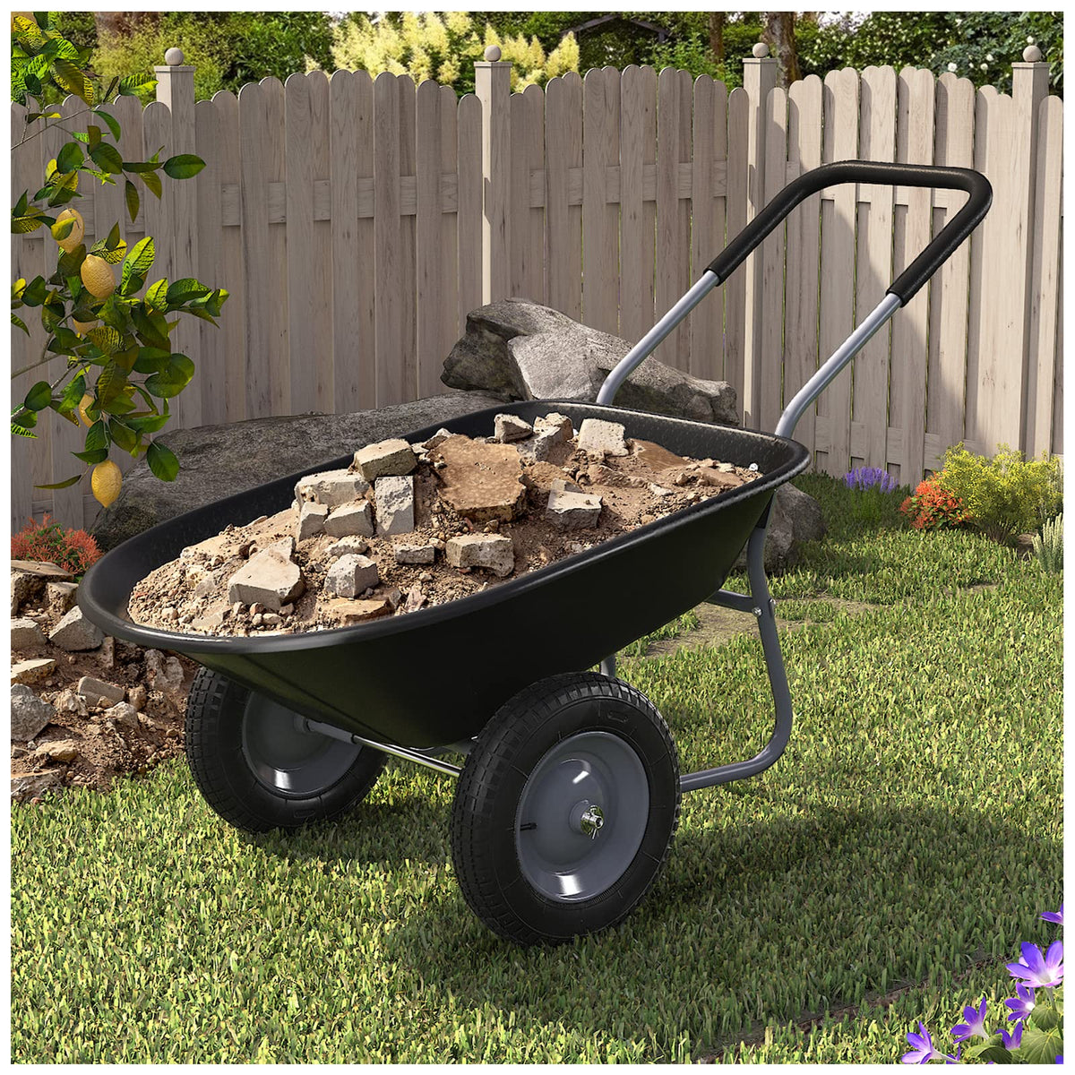 ARNOT enlarged tray with pneumatic wheels for easier loading on rough terrain.