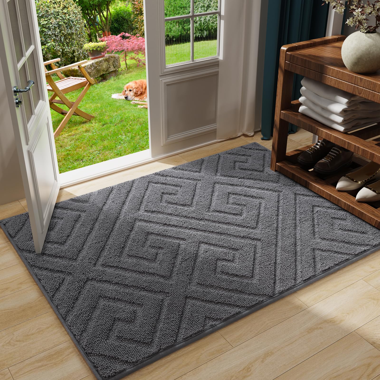 AROGAN washable indoor door mat grey with high-low texture that traps moisture.