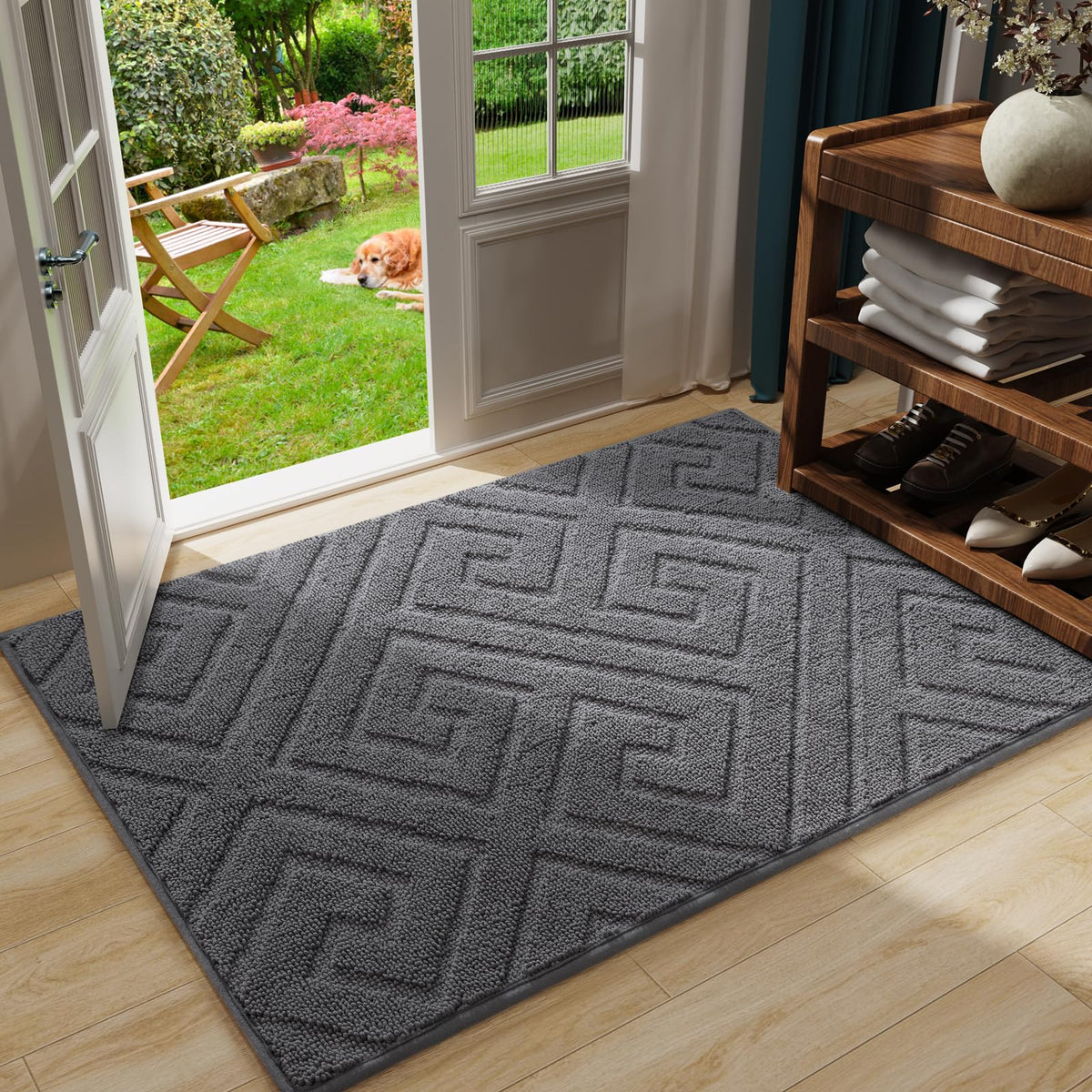 AROGAN washable indoor door mat grey with high-low texture that traps moisture.
