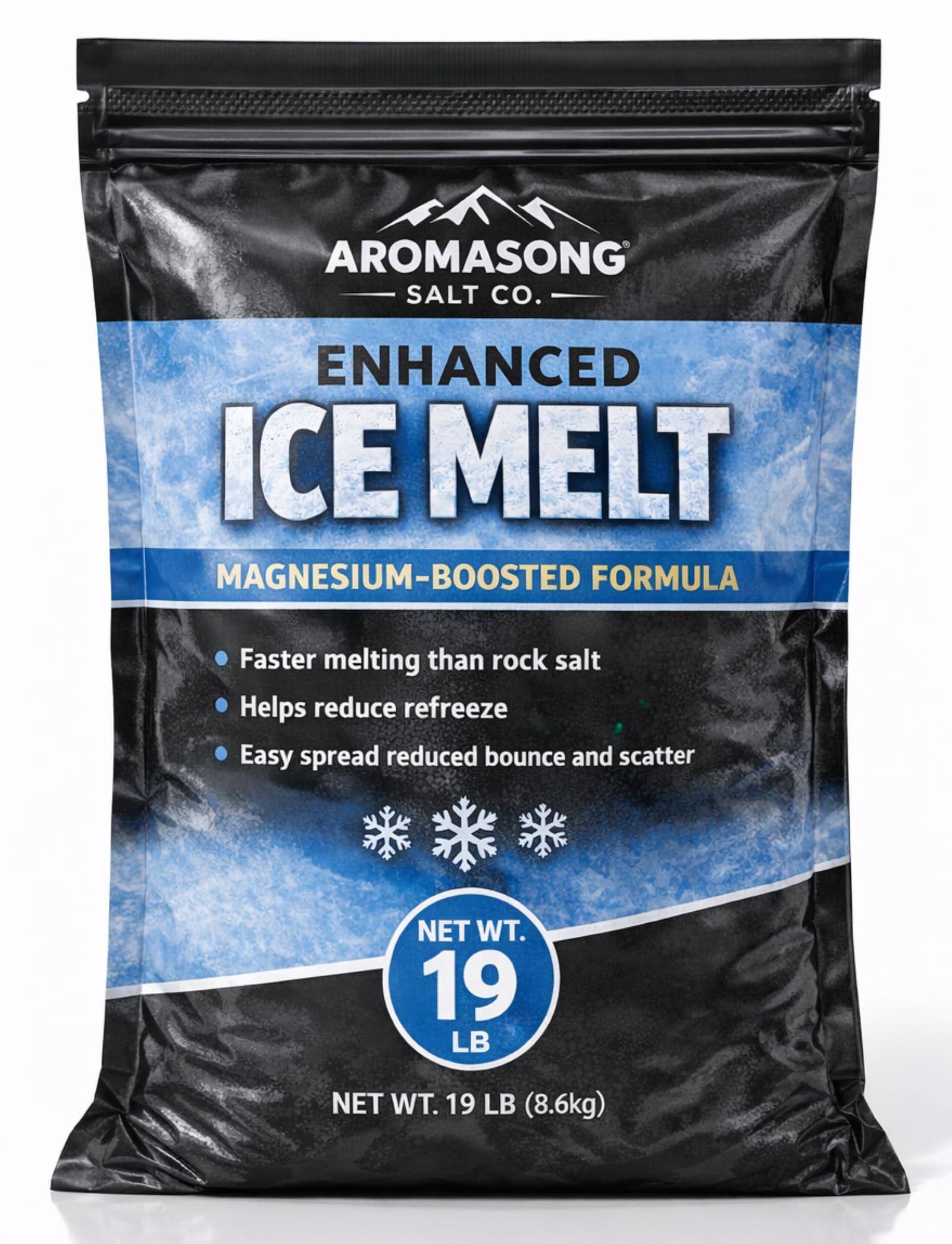 Aromasong Enhanced Magnesium Chloride Ice Melt bag for fast-acting deicing.