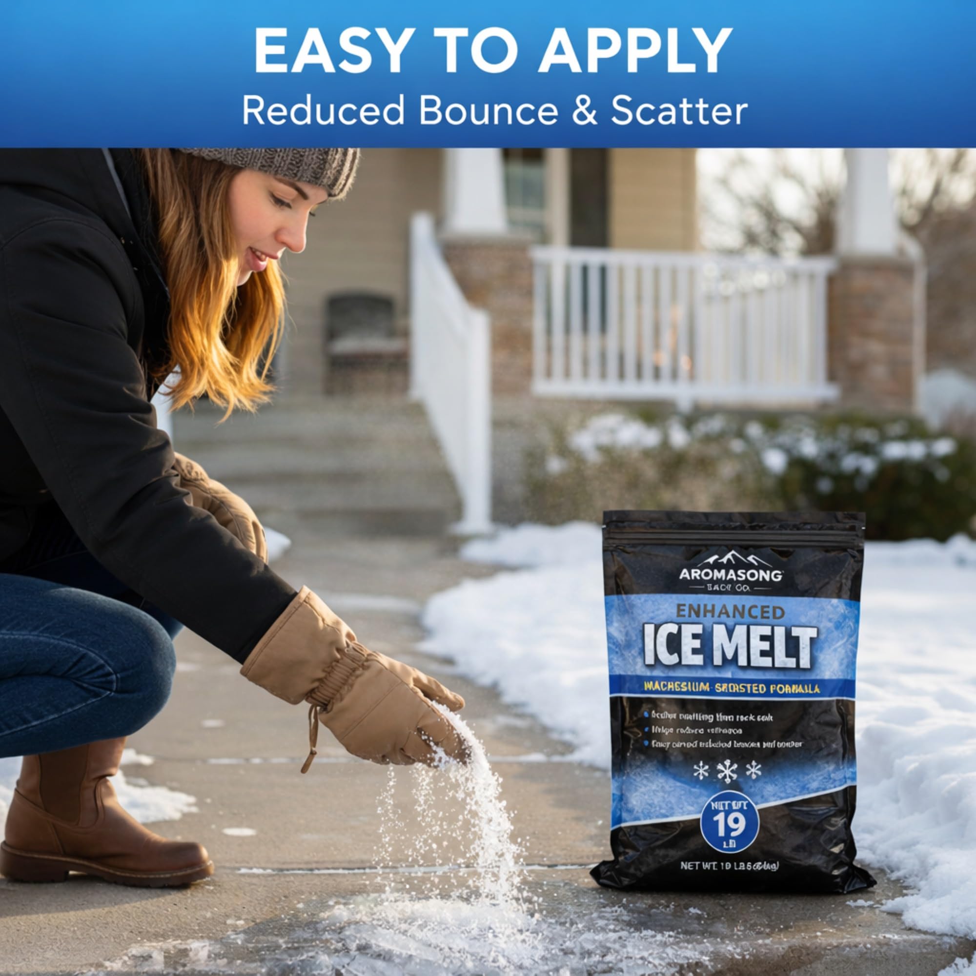 Aromasong Enhanced Magnesium Chloride Ice Melt on driveway for fast snow clearing.