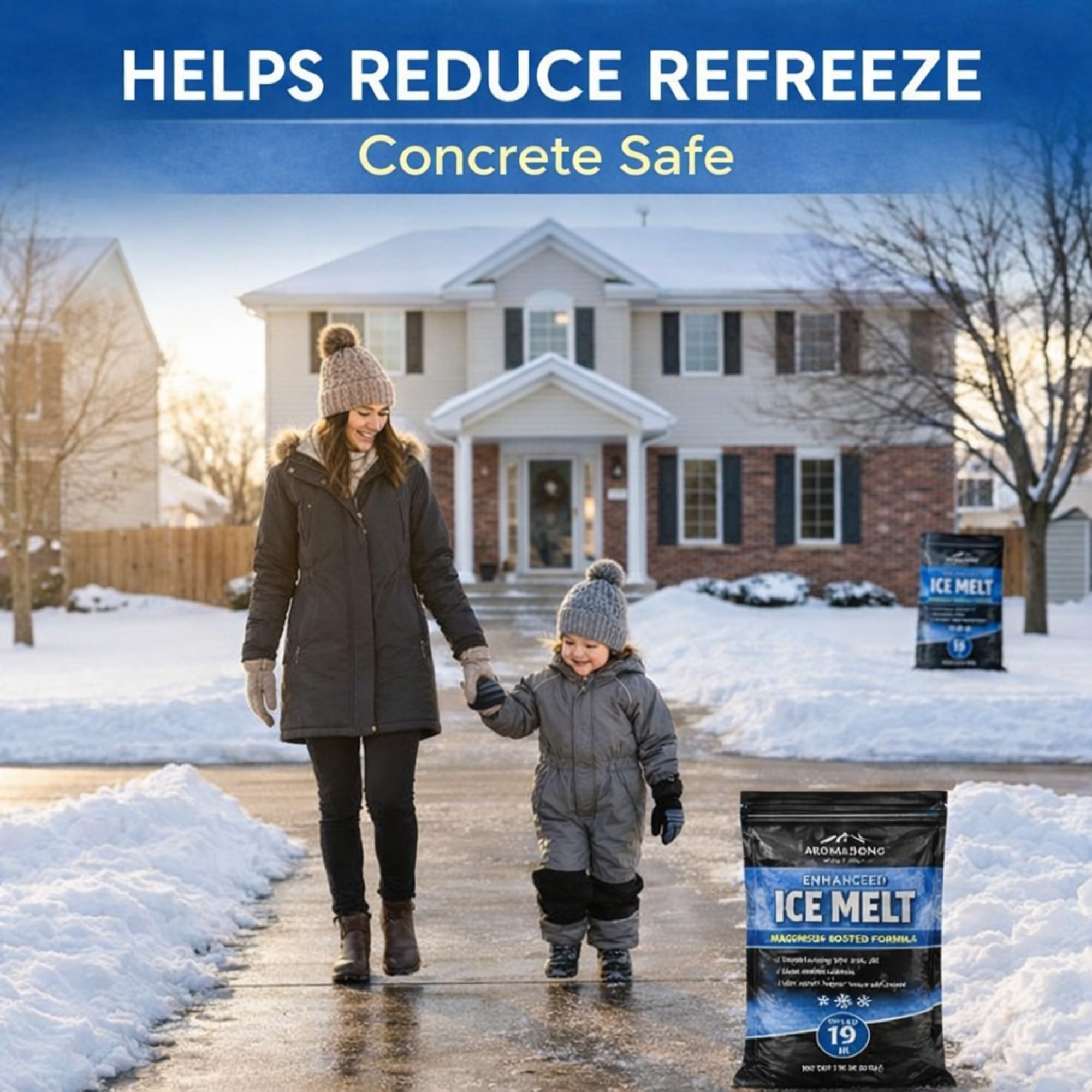 Aromasong Enhanced Magnesium Chloride Ice Melt pouring out for rapid spread.