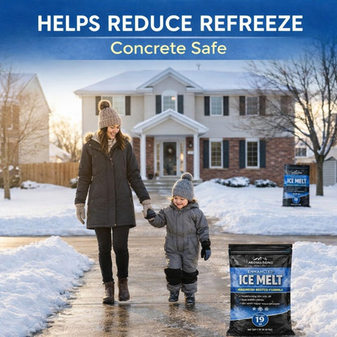 Aromasong Enhanced Magnesium Chloride Ice Melt pouring out for rapid spread.