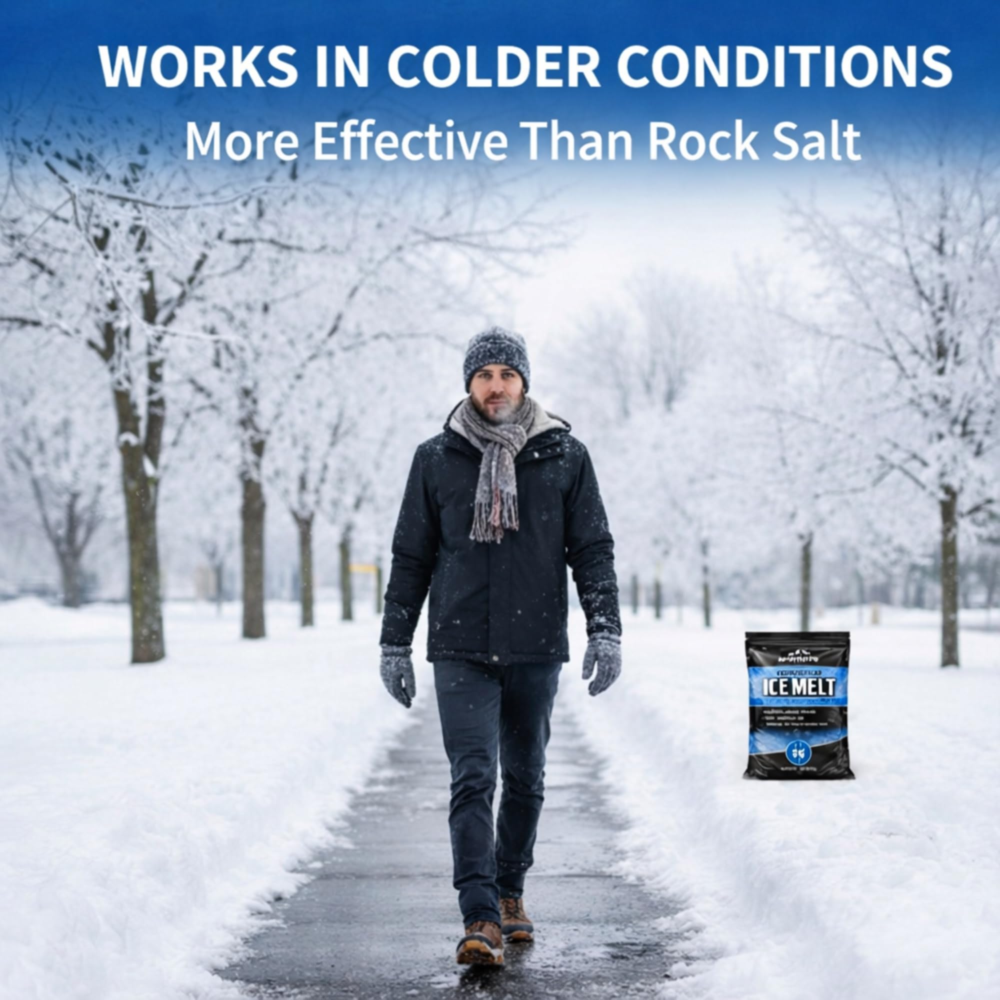 Aromasong Enhanced Magnesium Chloride Ice Melt on snowy sidewalk for safer footing.