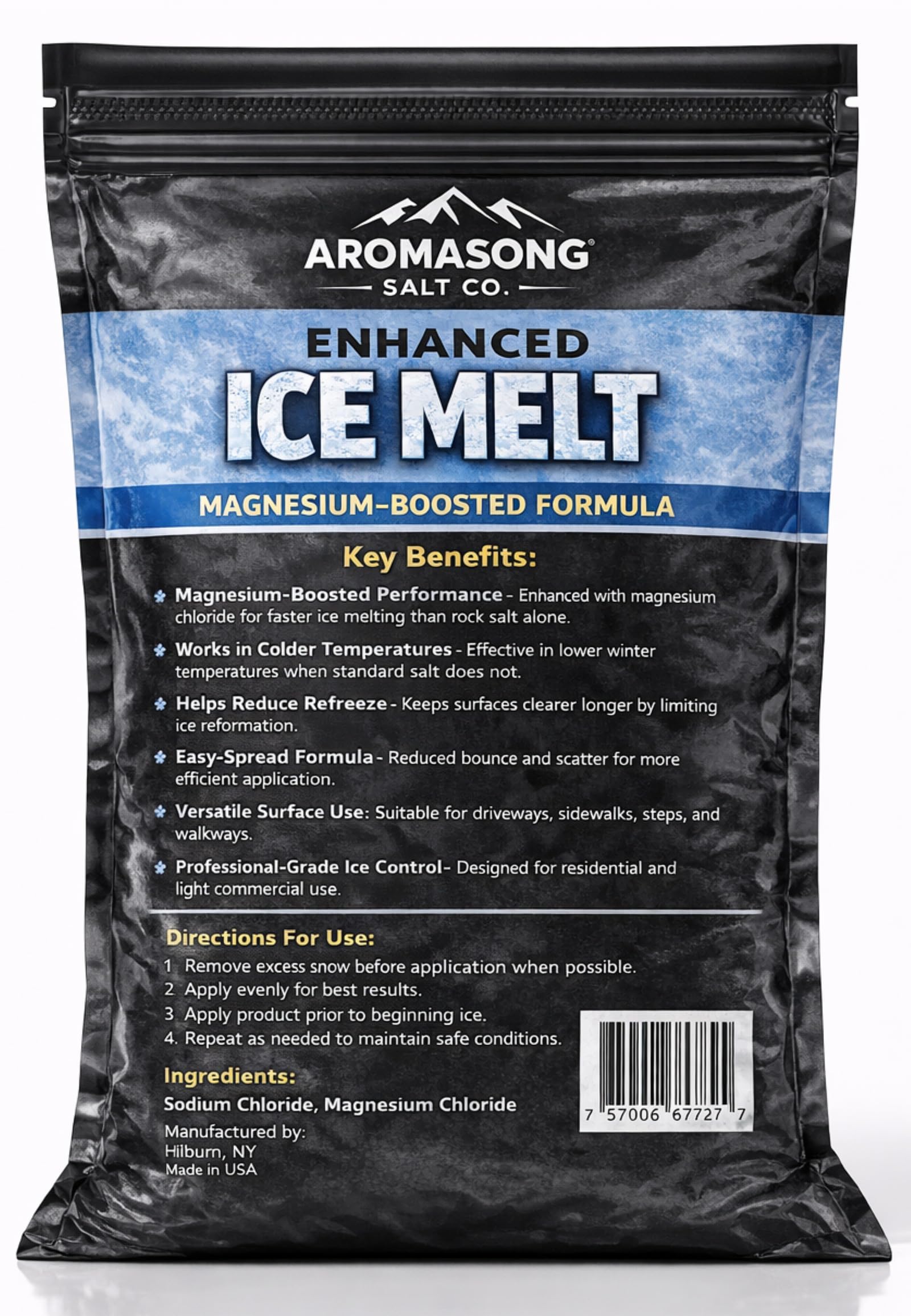 Aromasong Enhanced Magnesium Chloride Ice Melt ideal for all-winter outdoor use.