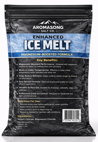Aromasong Enhanced Magnesium Chloride Ice Melt ideal for all-winter outdoor use.