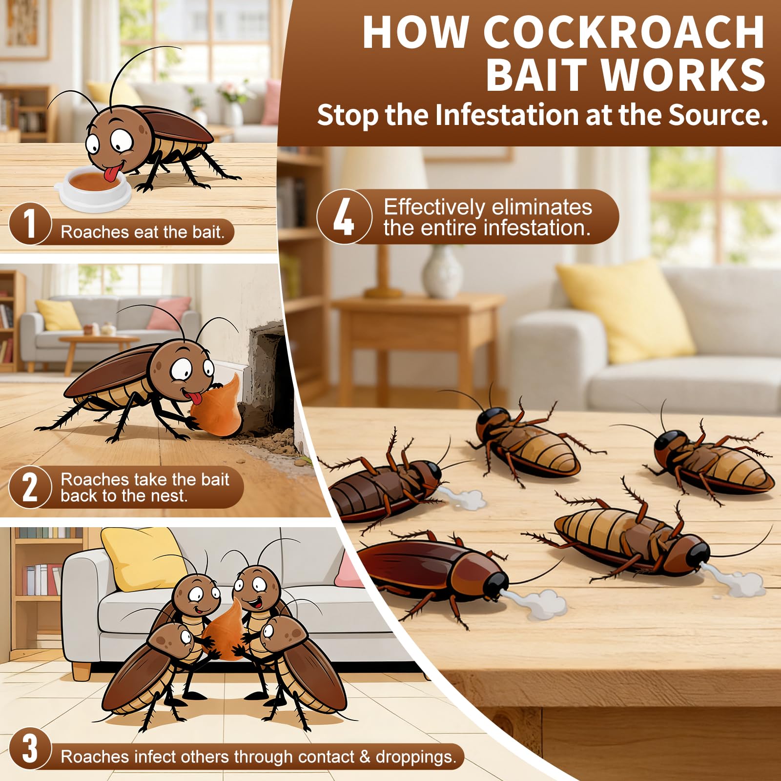 Aromovia cockroach gel bait adhesive pads—easy mounting behind cabinets for ongoing protection.