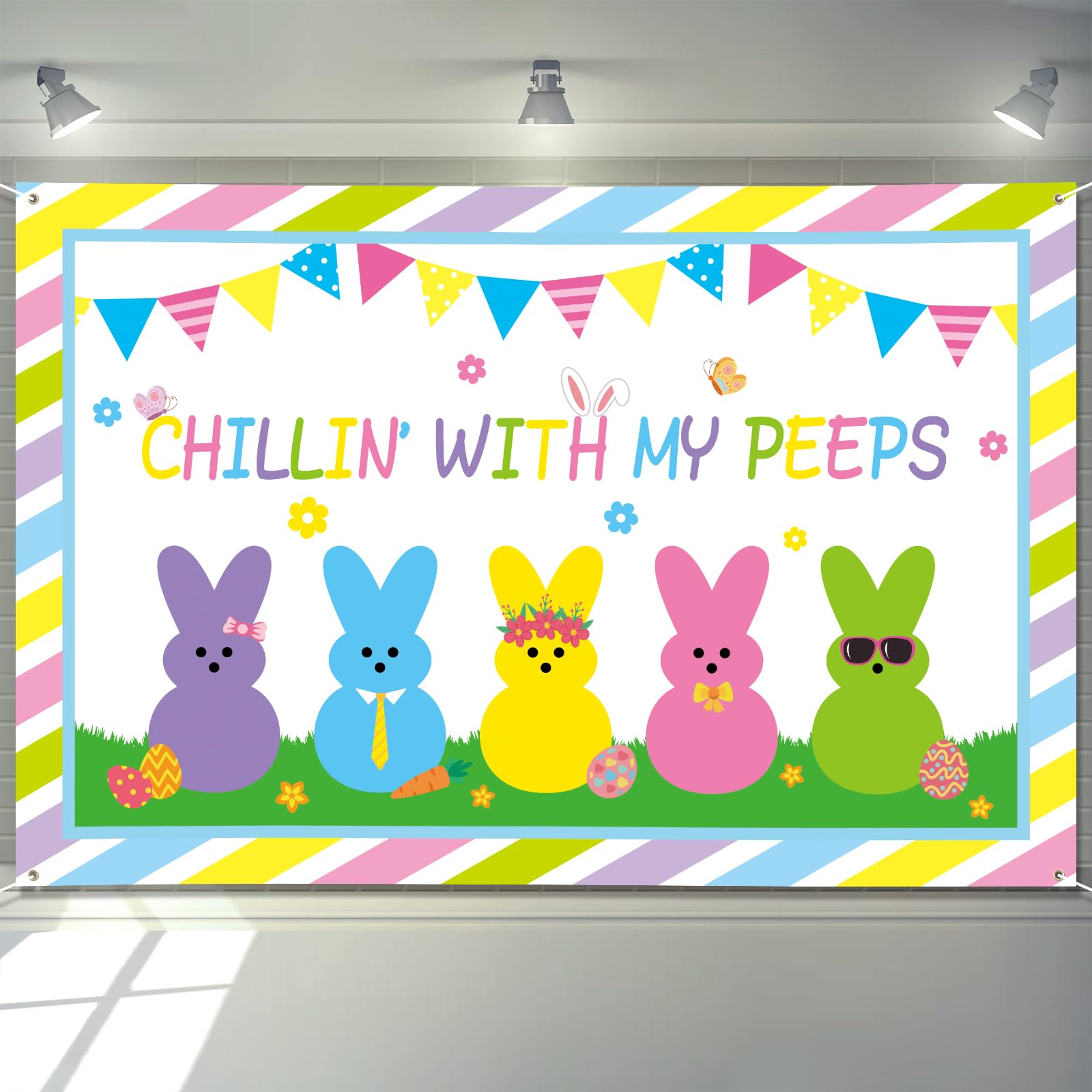 Arosche Easter backdrop banner with Chillin With My Peeps for festive photos