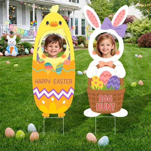 Arosche Easter yard signs featuring bunny and chick for outdoor display with stakes