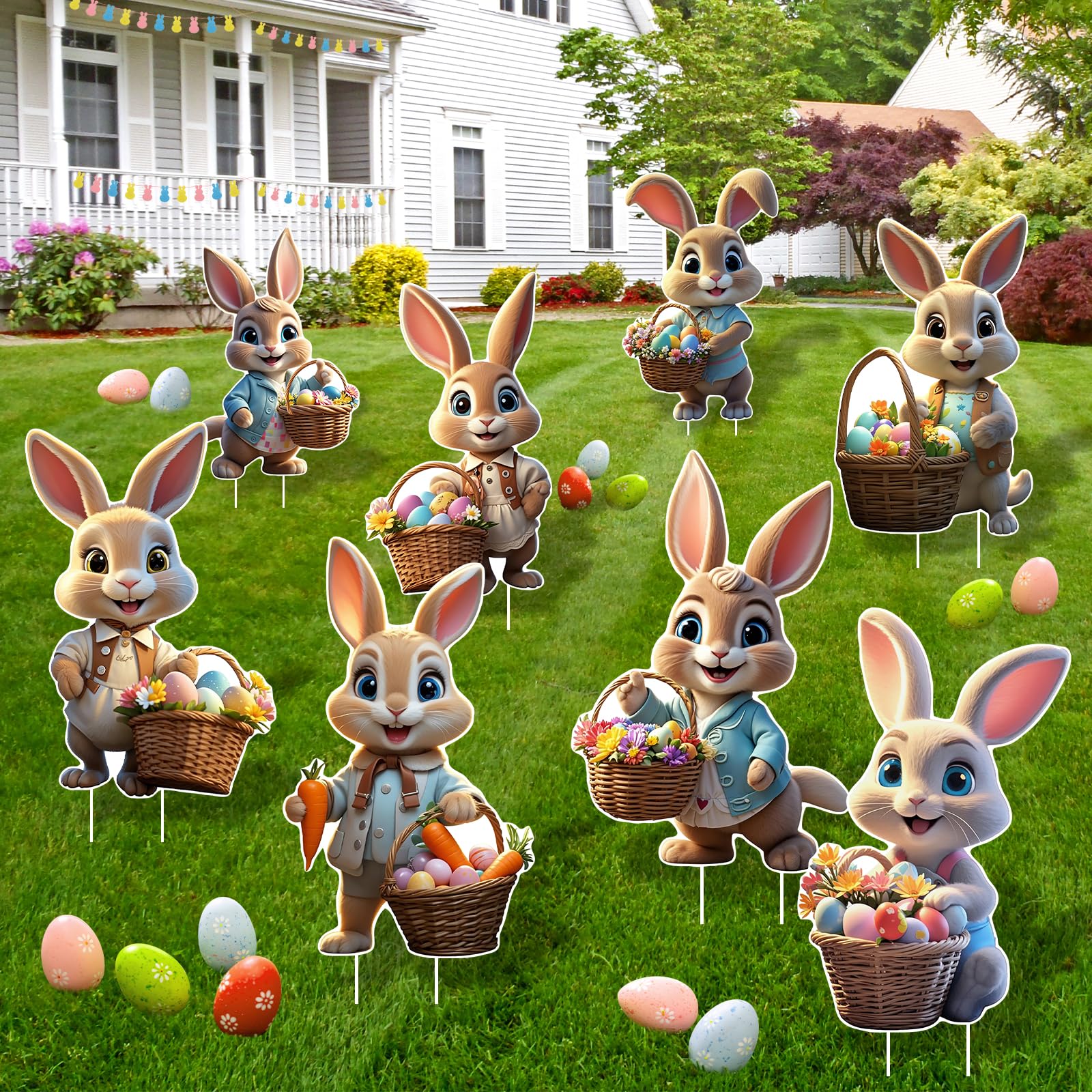 Arosche Easter yard signs with egg and bunny design for outdoor garden display.