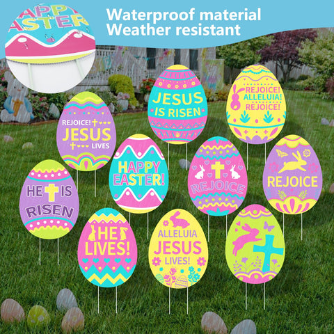 Arosche yard signs featuring religious eggs design for Easter celebrations.
