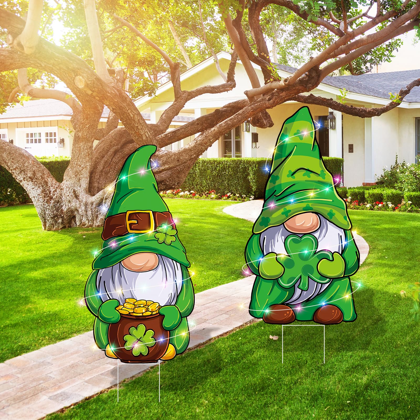 Arosche LED yard sign for St Patrick's Day with gnomes.