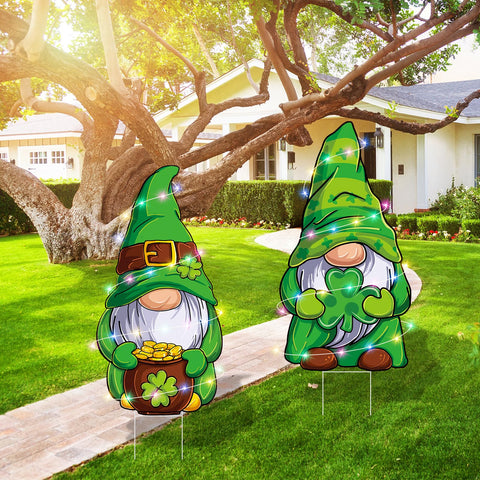 Arosche LED yard sign for St Patrick's Day with gnomes.
