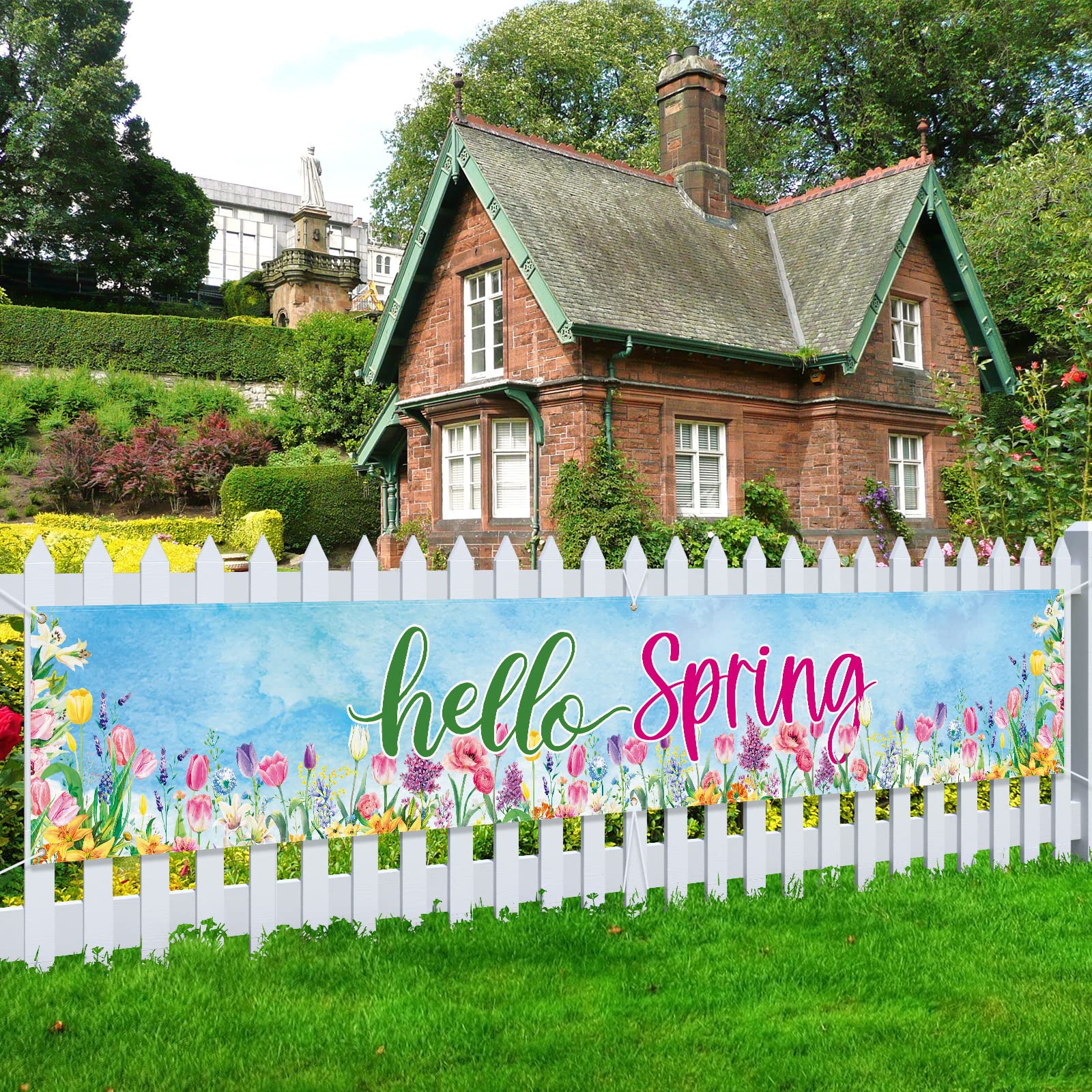 Arosche spring banner front view with tulips and lilies for vibrant outdoor decor