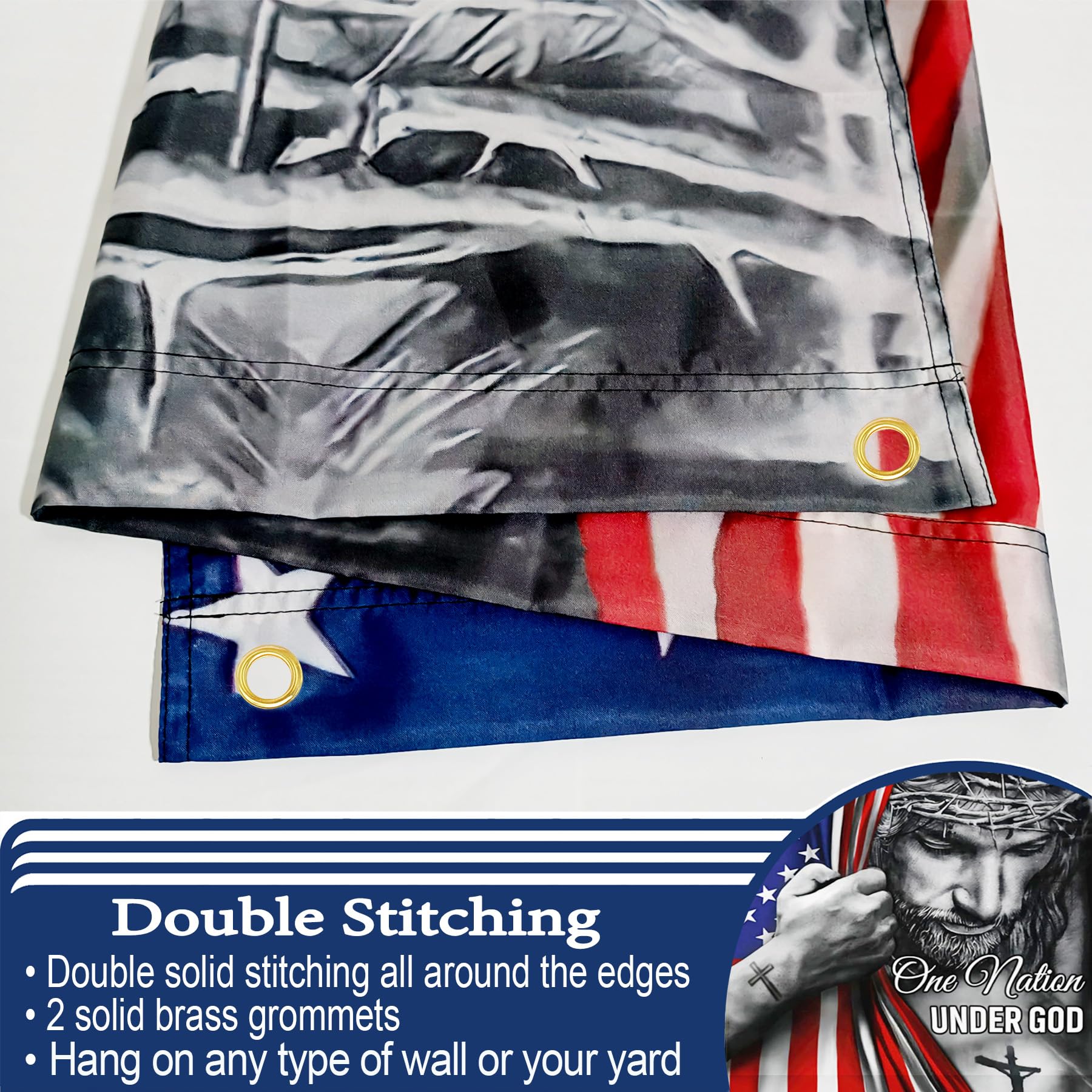 Aroxtms durable polyester flag close-up of reinforced stitching.