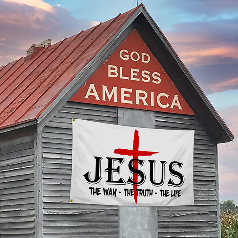 Aroxtms Jesus flag shows brass grommets for secure outdoor installation